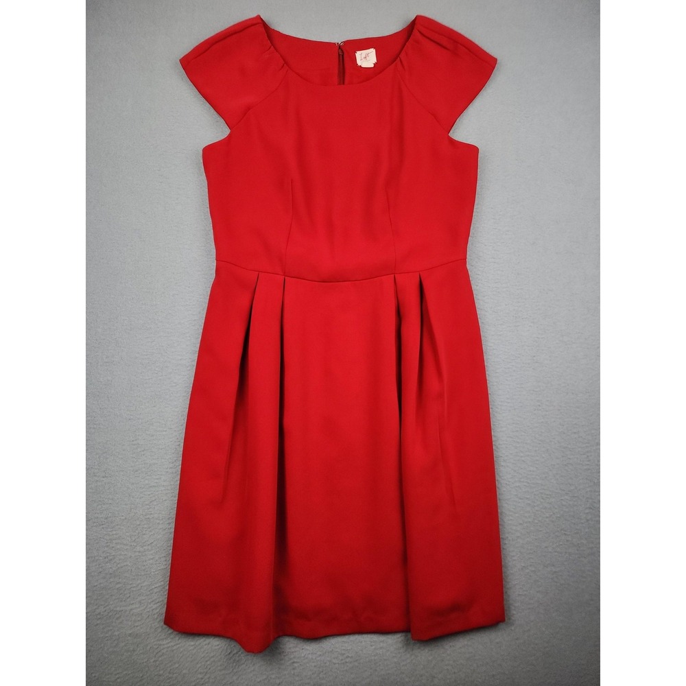 LOFT Dress Womens 4 Red Cap Sleeve Fit Flare Pleated Scoop Neck Lined Office